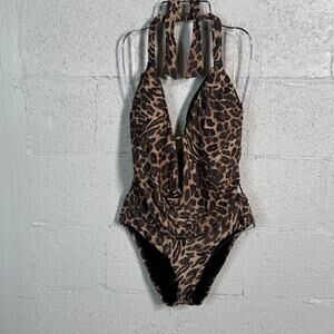 Bar III Solid Cowlneck One-Piece Swimsuit animal print multi, L MSRP $94